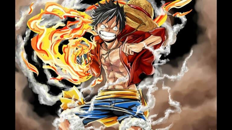 Luffy surrounded with flames and using Haki